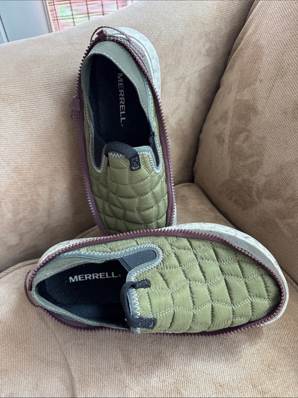 Merrell Olive Green Quilted Slip-On Shoe with Burgundy Zip Accent